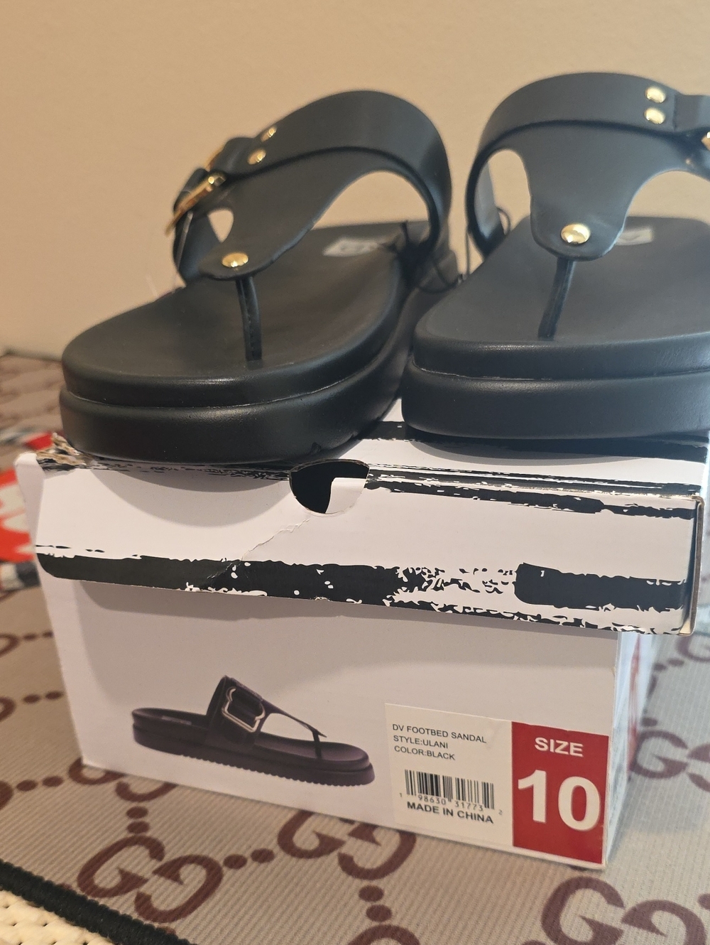 Dolce Vita Black Thong Footbed Sandals with Gold Accents